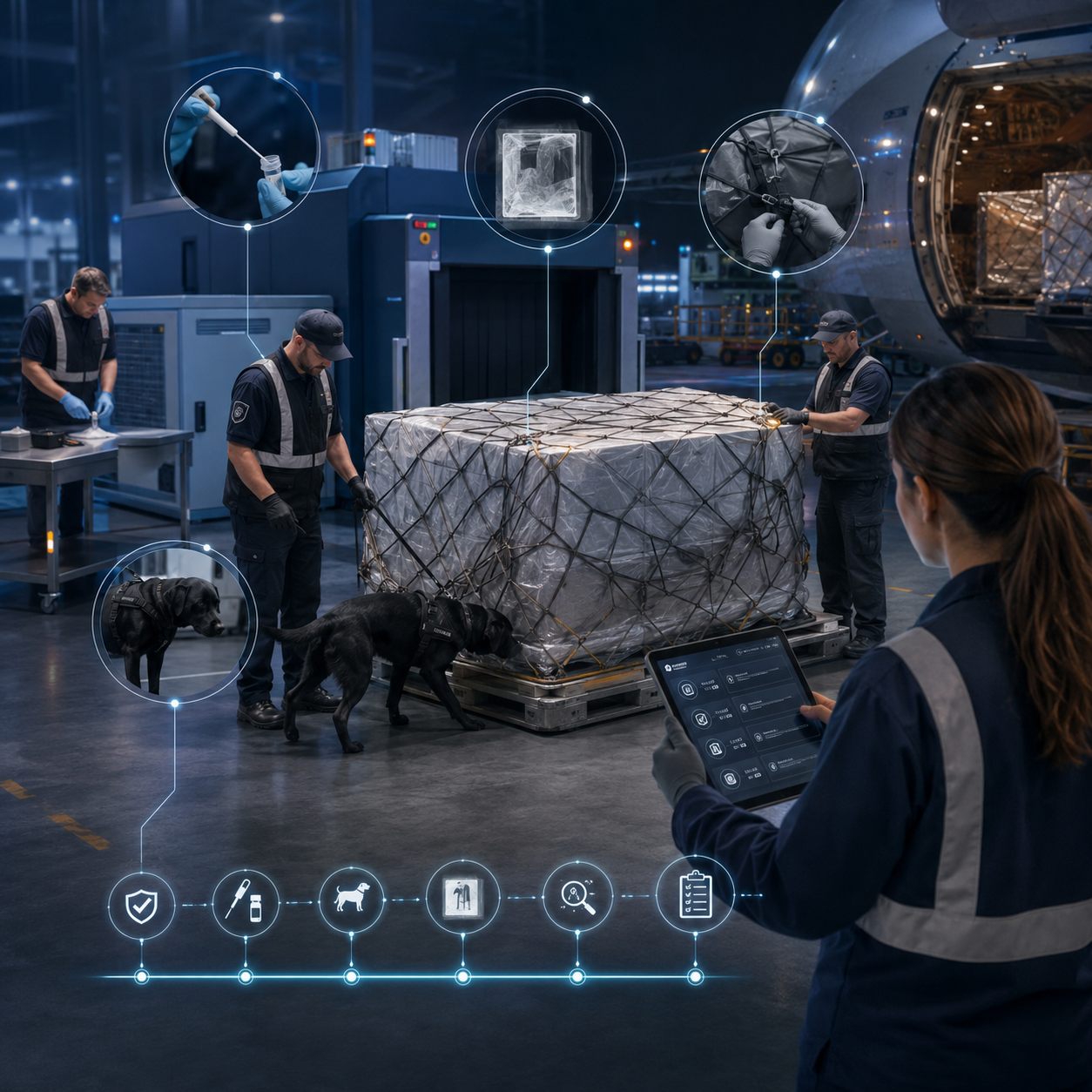 Security team screening an air cargo pallet with X-ray, explosive trace detection, K9 and physical search, each method tracked on a supervisor's tablet against a compliance timeline