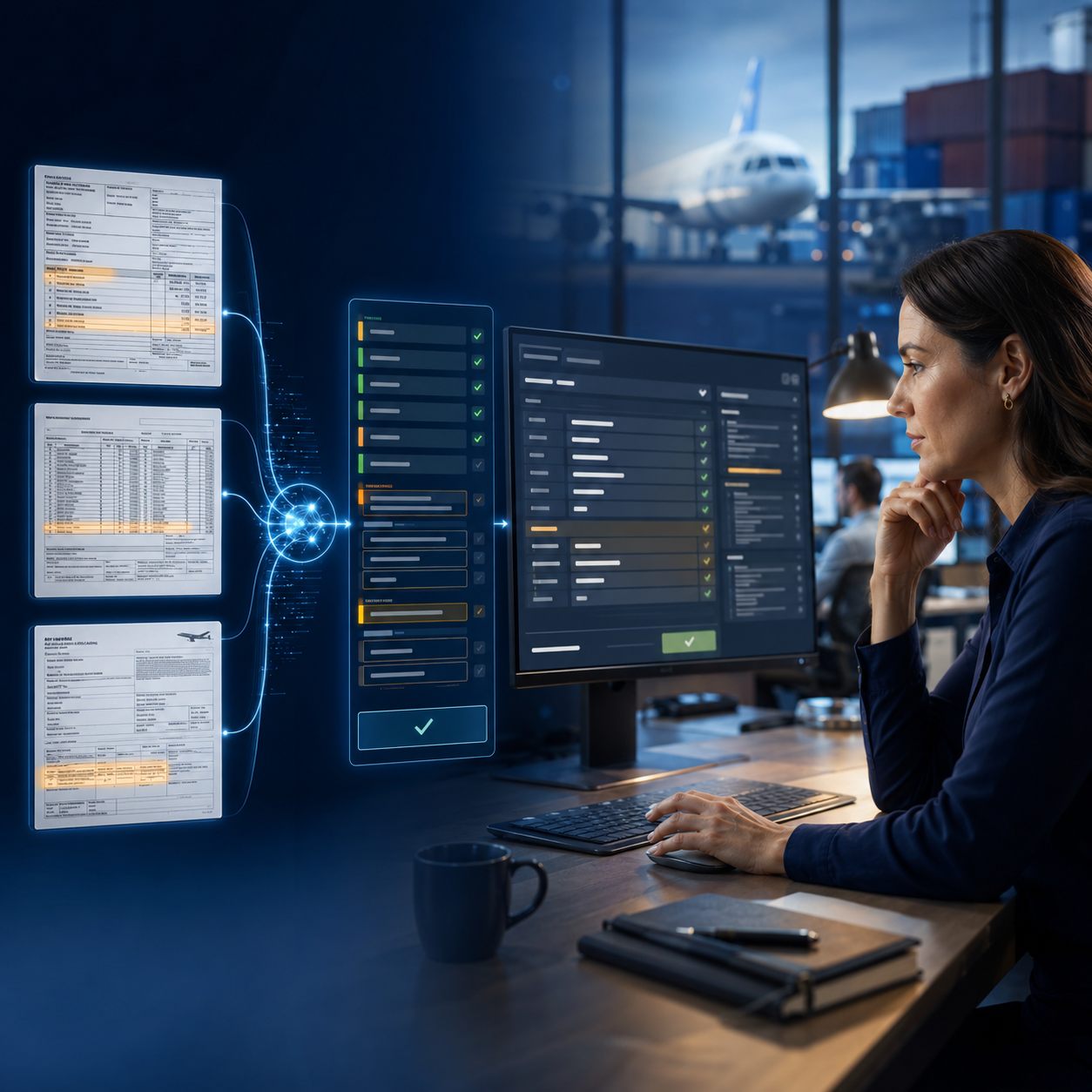 Logistics professional reviewing air waybills, invoices and manifests being read and auto-validated into a structured checklist on screen, with a cargo aircraft visible outside the window