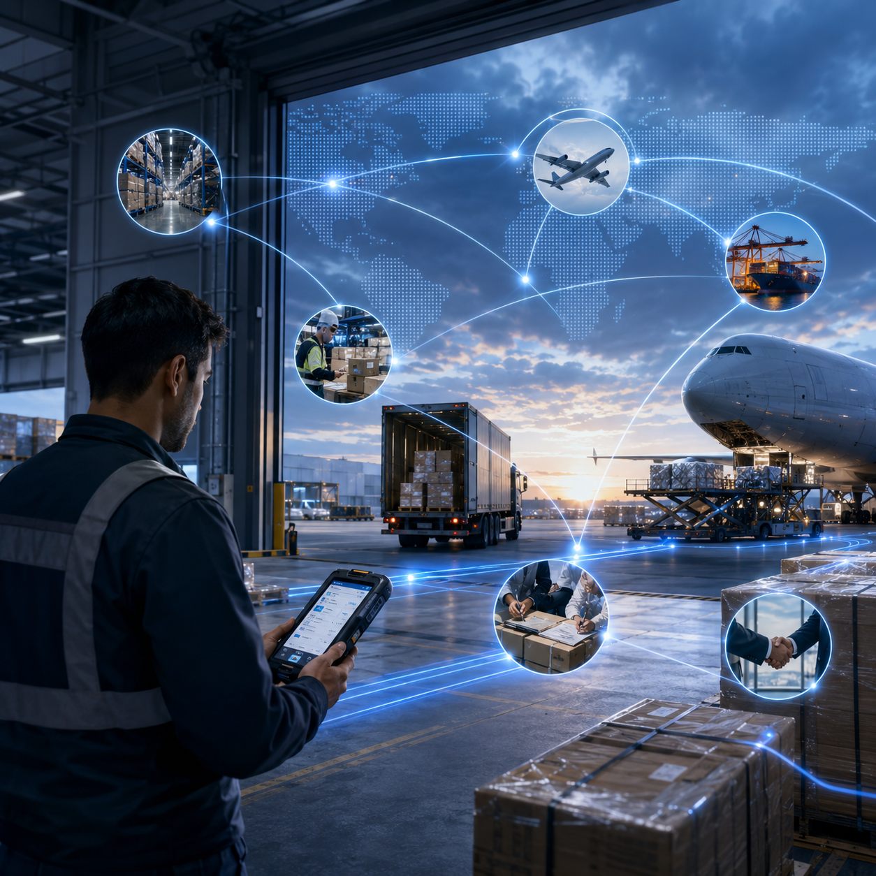 Forwarding operator with a handheld device looking out over a dock as a global network map links warehousing, trucking, air freight, ocean freight, customs paperwork and partner handoffs