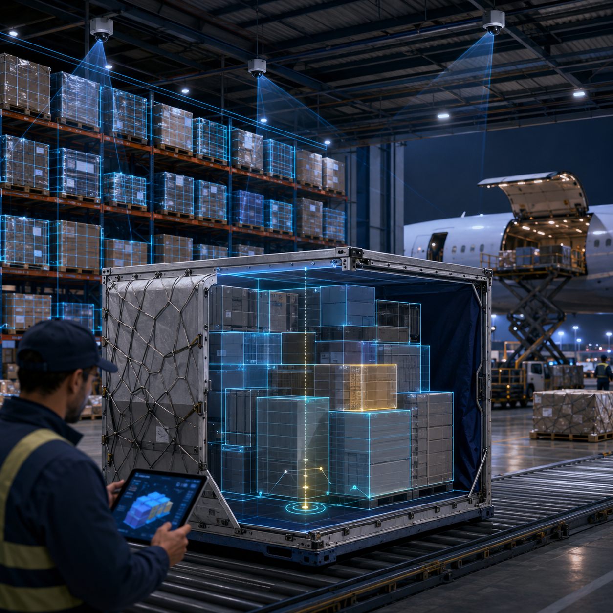 Air cargo ULD on a conveyor with a 3D wireframe overlay showing the optimized placement of every carton inside, reviewed by an operator on a tablet as a freighter is loaded behind