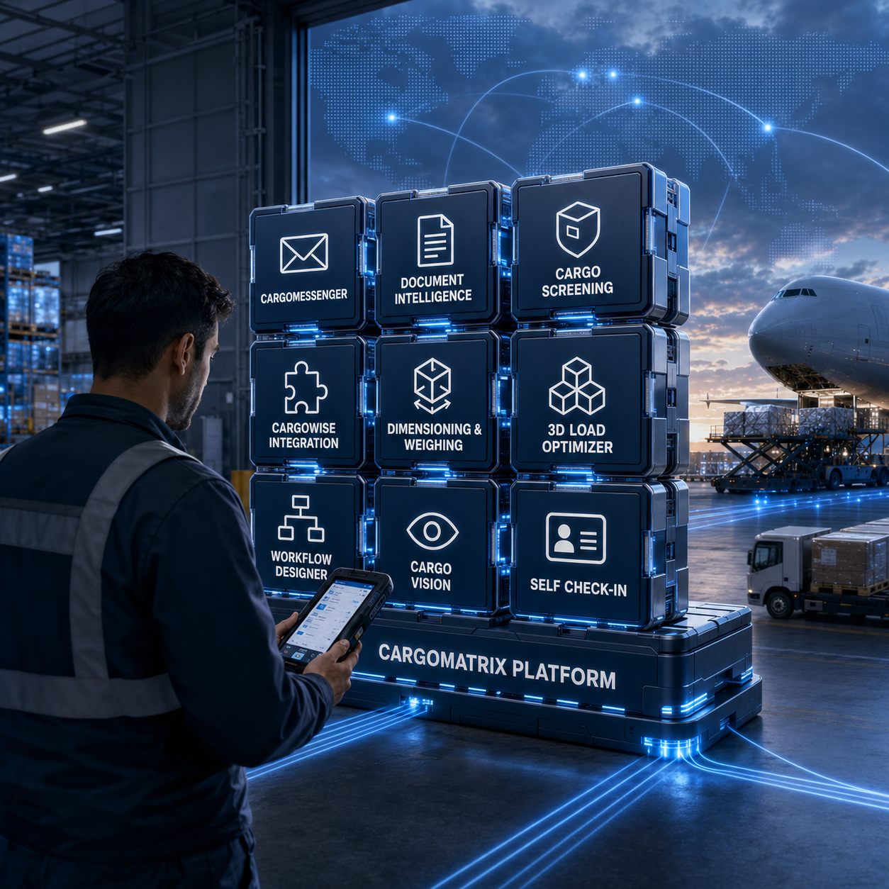 Warehouse operator with a handheld device beside a stack of connected CargoMatrix platform modules — CargoMessenger, Document Intelligence, Cargo Screening, CargoWise Integration, Dimensioning & Weighing, 3D Load Optimizer, Workflow Designer, Cargo Vision and Self Check-In — with a cargo aircraft loading at dusk