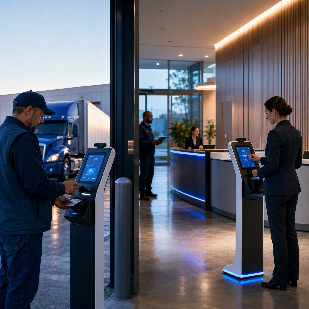 Truck driver checking in at an outdoor self-service kiosk beside a loading dock while a visitor checks in at a second kiosk in the reception lobby