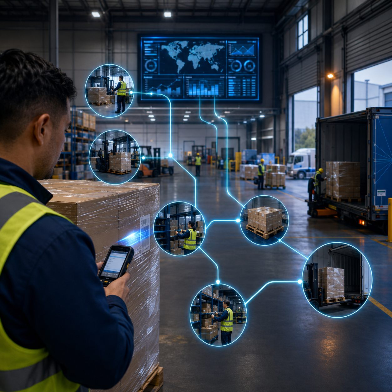 Warehouse worker scanning a pallet barcode with a handheld terminal, connected by glowing lines to live views of picking, forklift putaway, staging and truck loading on a warehouse dashboard